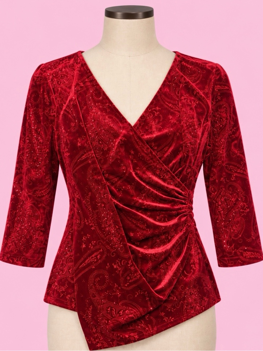 R&K Evening Red Velvet Paisley Wrap Top Size 12